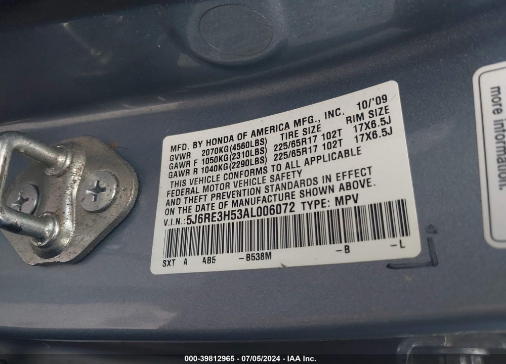 2010 HONDA CR-V EX VIN: 5J6RE3H53AL006072