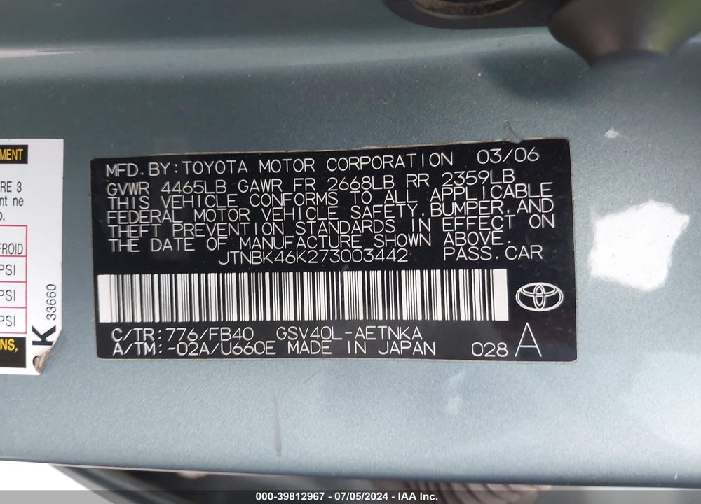 2007 TOYOTA CAMRY LE V6 VIN: JTNBK46K273003442