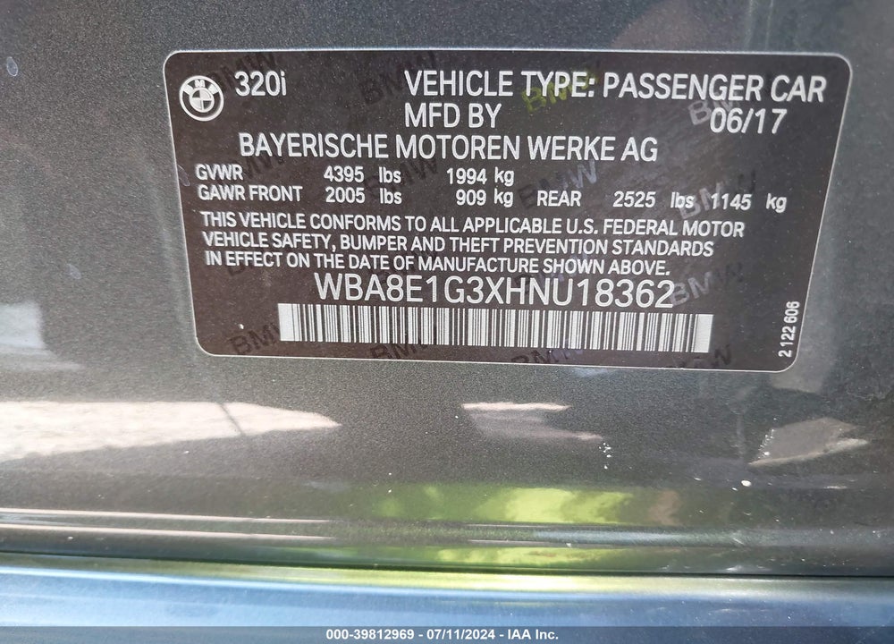 2017 BMW 3 SERIES 320I VIN: WBA8E1G3XHNU18362