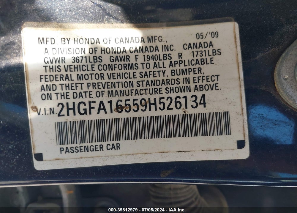 2009 HONDA CIVIC LX VIN: 2HGFA16559H526134