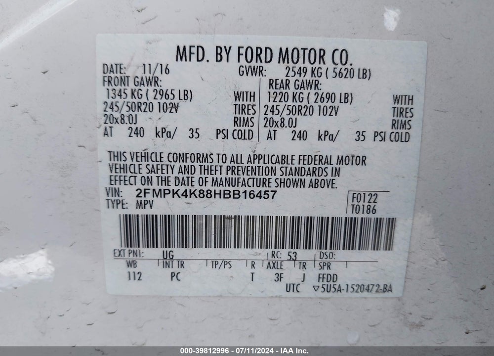 2017 FORD EDGE VIN: 2FMPK4K88HBB16457