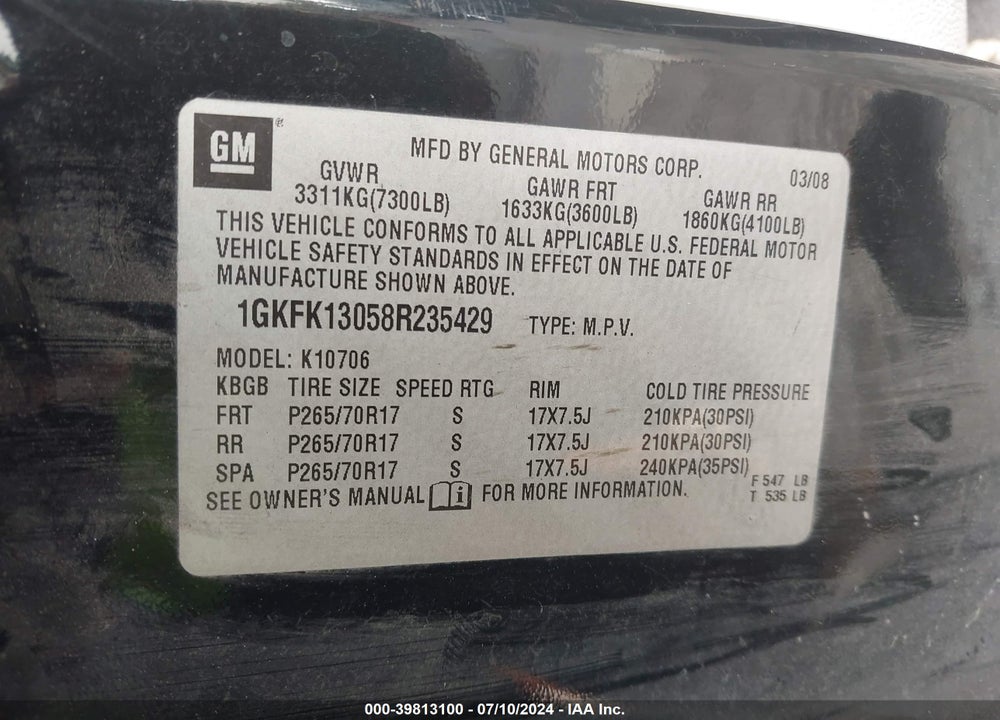2008 GMC YUKON SLT VIN: 1GKFK13058R235429