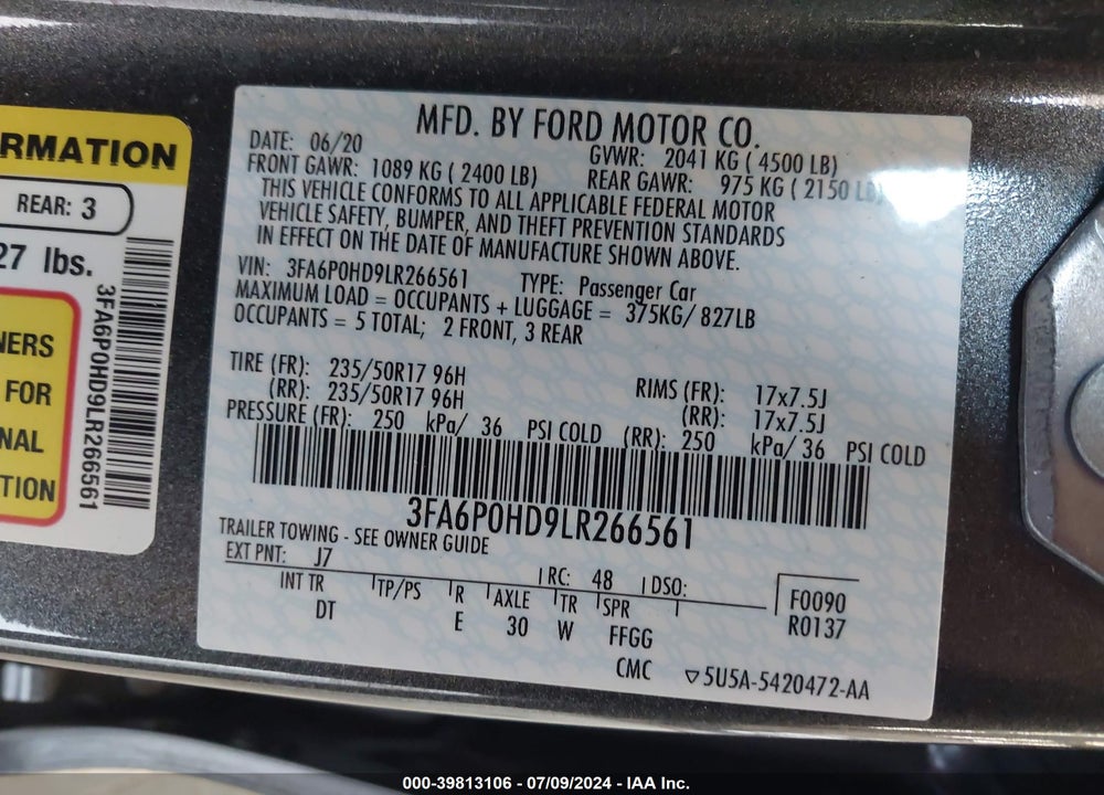 2020 FORD FUSION SE VIN: 3FA6P0HD9LR266561