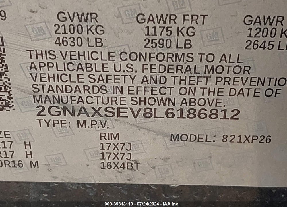 2020 CHEVROLET EQUINOX AWD LS VIN: 2GNAXSEV8L6186812