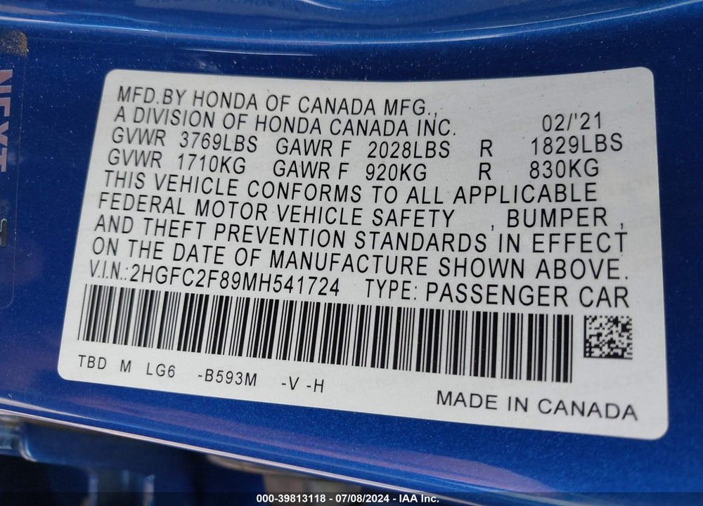 2021 HONDA CIVIC SPORT VIN: 2HGFC2F89MH541724