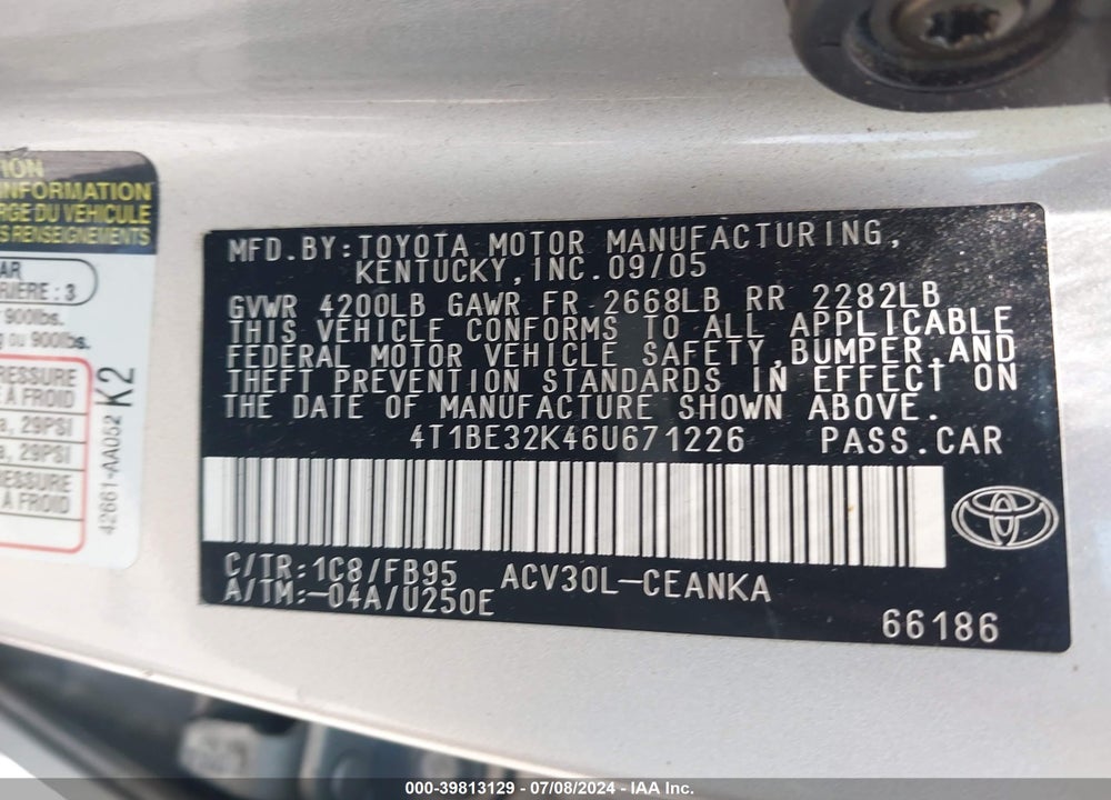 2006 TOYOTA CAMRY LE VIN: 4T1BE32K46U671226