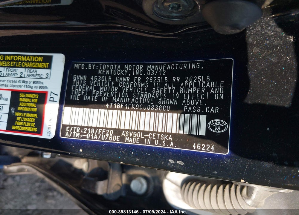 2012 TOYOTA CAMRY SE VIN: 4T1BF1FK9CU083880