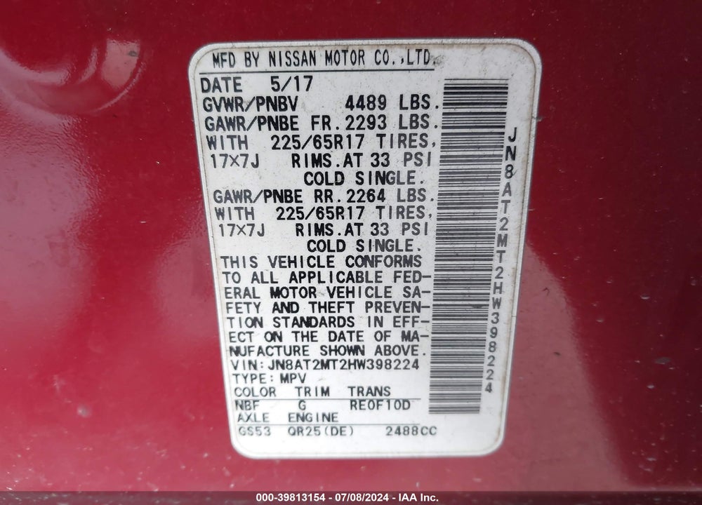 2017 NISSAN ROGUE SV VIN: JN8AT2MT2HW398224