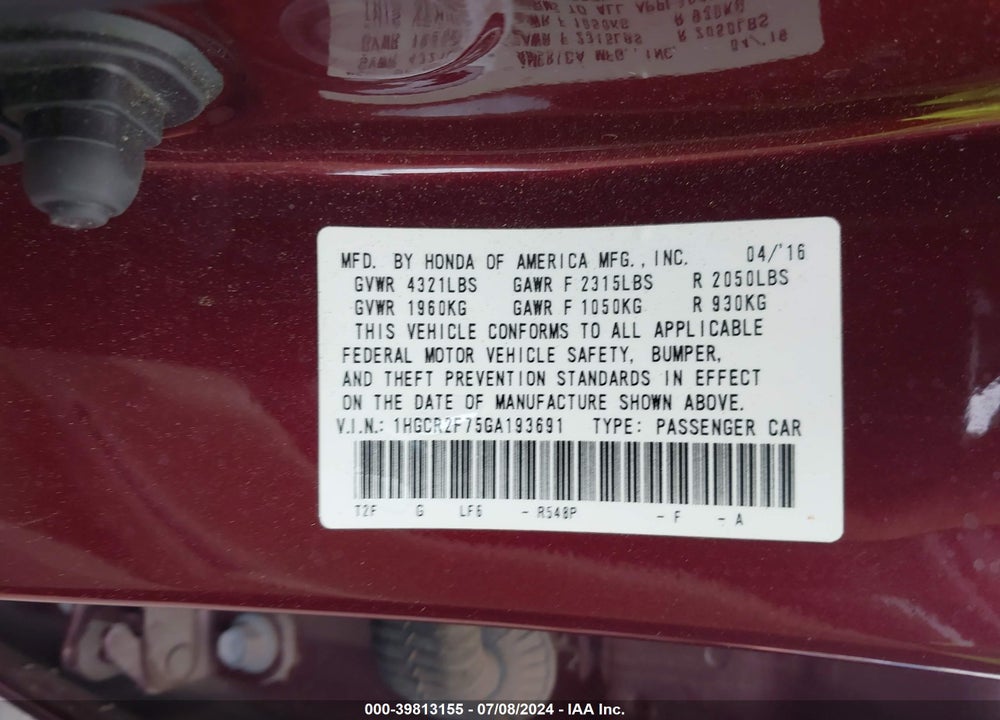 2016 HONDA ACCORD EX VIN: 1HGCR2F75GA193691