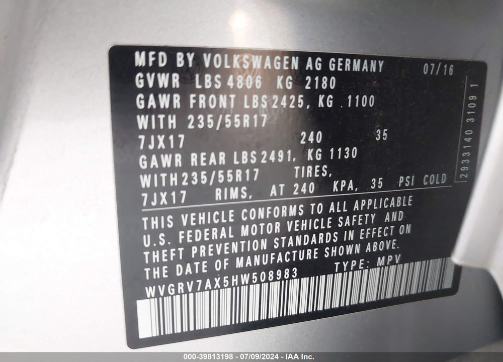 2017 VOLKSWAGEN TIGUAN 2.0T WOLFSBURG EDITION VIN: WVGRV7AX5HW508983