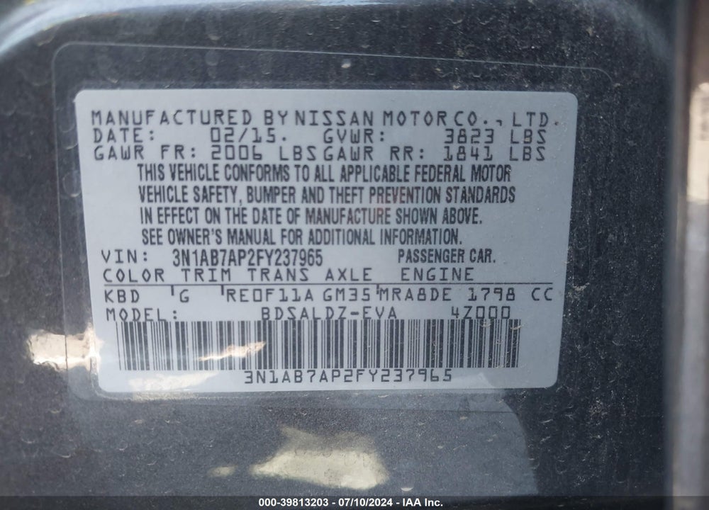 2015 NISSAN SENTRA FE+ S/S/SL/SR/SV VIN: 3N1AB7AP2FY237965