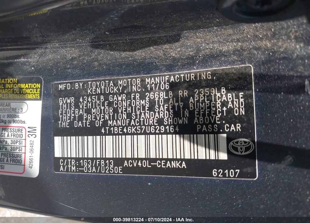2007 TOYOTA CAMRY LE VIN: 4T1BE46K57U629164