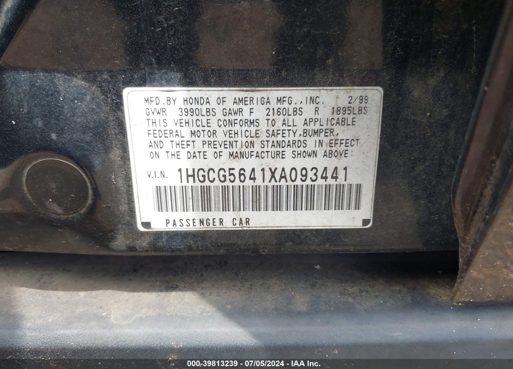 1999 HONDA ACCORD LX VIN: 1HGCG5641XA093441