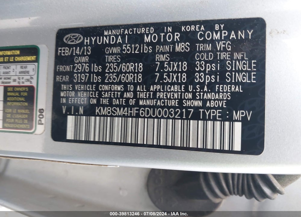 2013 HYUNDAI SANTA FE GLS VIN: KM8SM4HF6DU003217