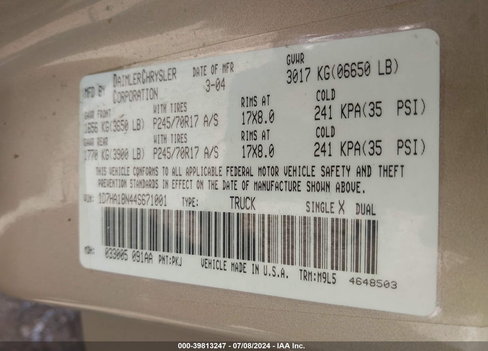 2004 DODGE RAM 1500 SLT/LARAMIE VIN: 1D7HA18N44S671001