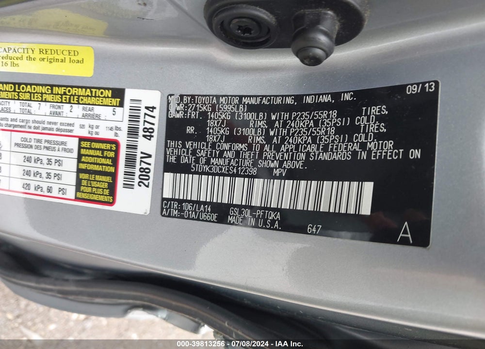 2014 TOYOTA SIENNA LIMITED V6 7 PASSENGER VIN: 5TDYK3DCXES412398