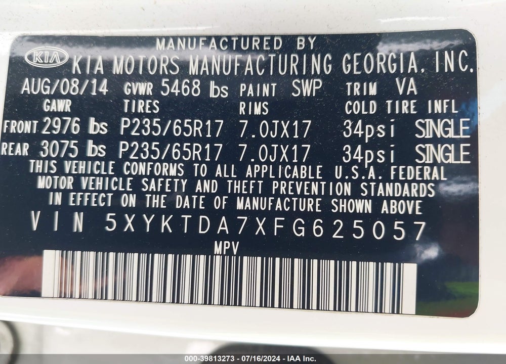 2015 KIA SORENTO LX V6 VIN: 5XYKTDA7XFG625057