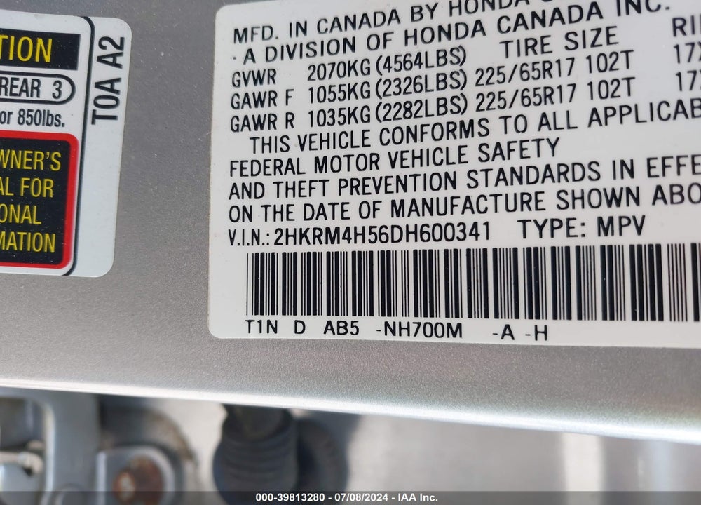 2013 HONDA CR-V EX VIN: 2HKRM4H56DH600341