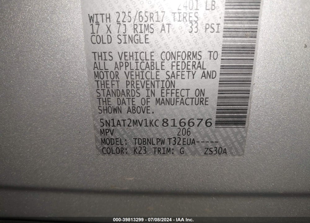 2019 NISSAN ROGUE S VIN: 5N1AT2MV1KC816676