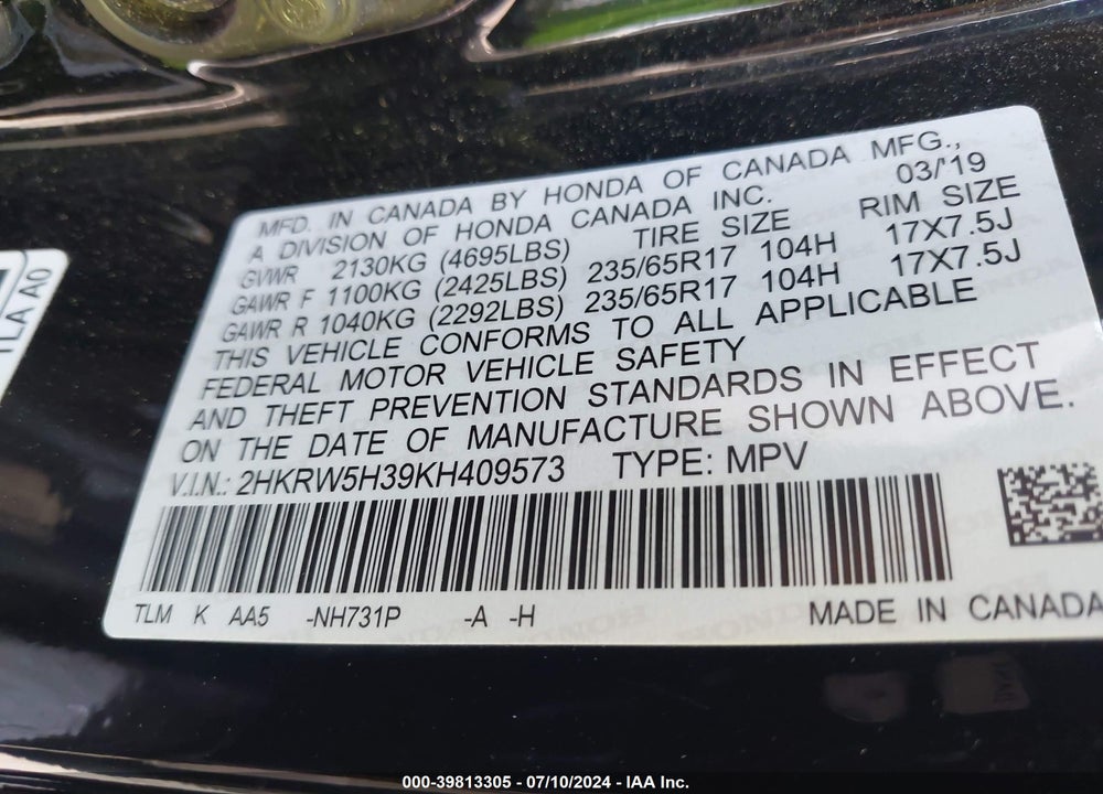 2019 HONDA CR-V LX VIN: 2HKRW5H39KH409573