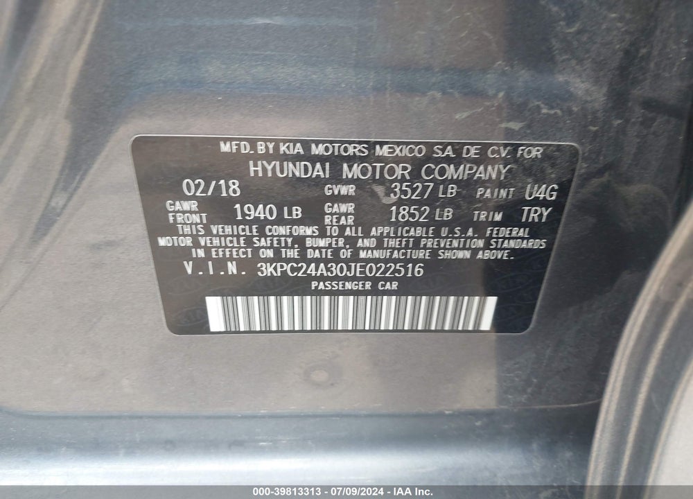 2018 HYUNDAI ACCENT SE VIN: 3KPC24A30JE022516