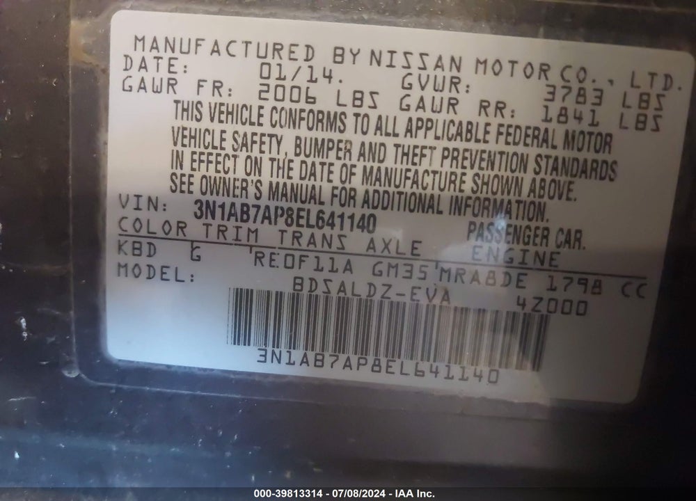2014 NISSAN SENTRA FE+ S/FE+ SV/S/SL/SR/SV VIN: 3N1AB7AP8EL641140