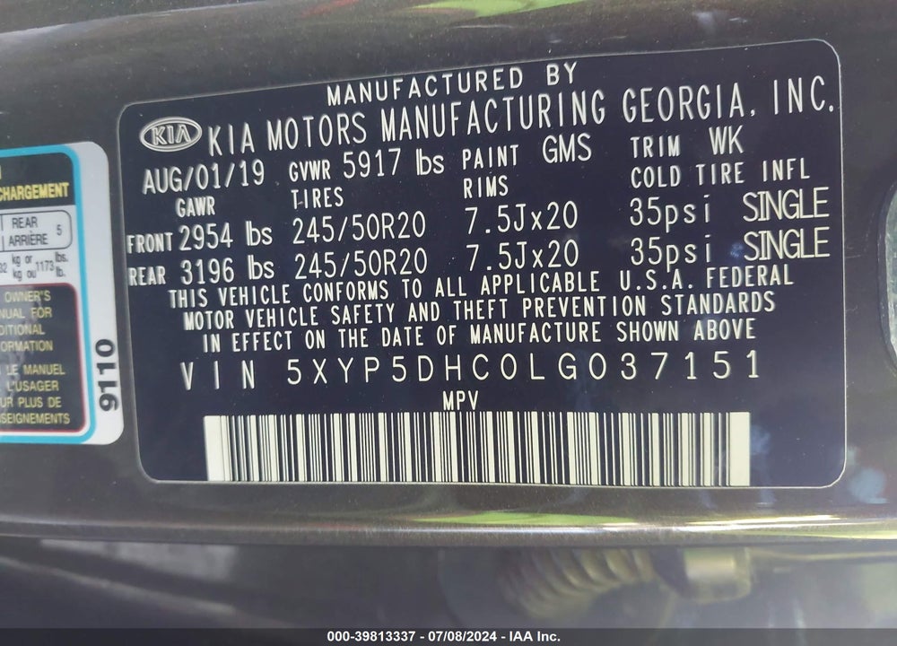 2020 KIA TELLURIDE SX VIN: 5XYP5DHC0LG037151