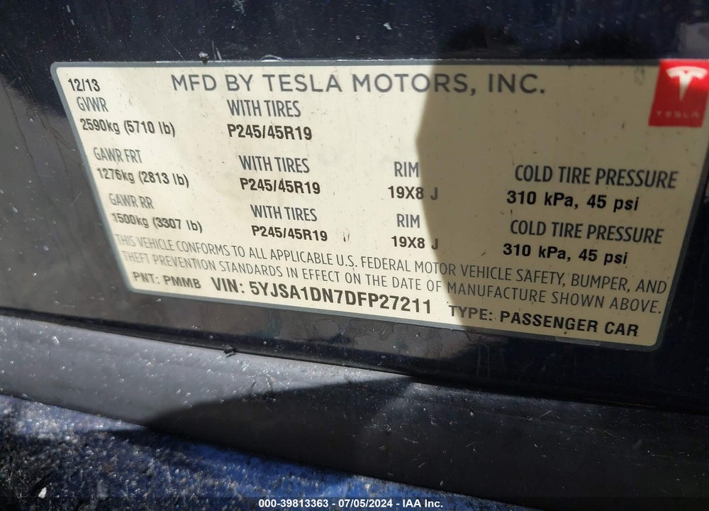 2013 TESLA MODEL S VIN: 5YJSA1DN7DFP27211