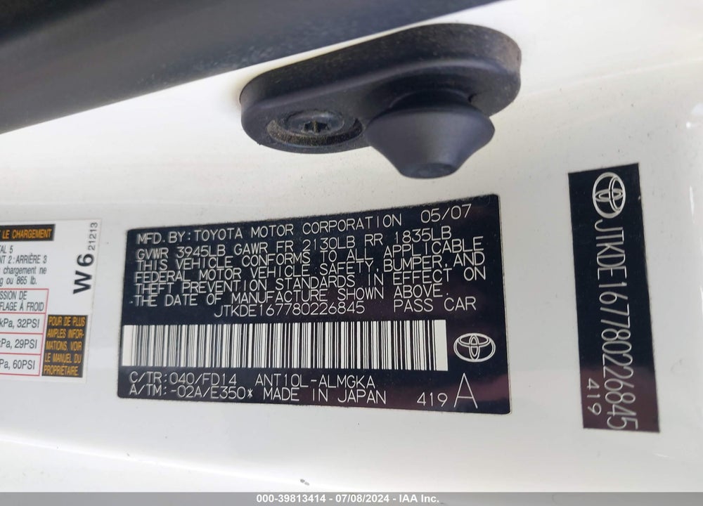 2008 SCION TC VIN: JTKDE167780226845