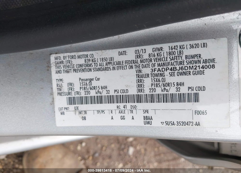 2013 FORD FIESTA SE VIN: 3FADP4BJ6DM214008