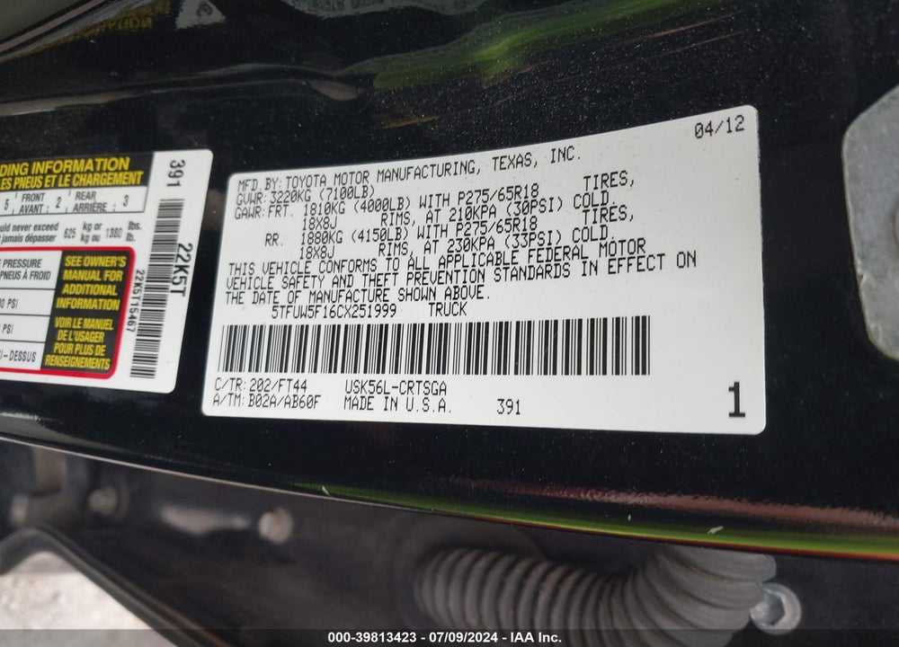 2012 TOYOTA TUNDRA GRADE 5.7L V8 VIN: 5TFUW5F16CX251999