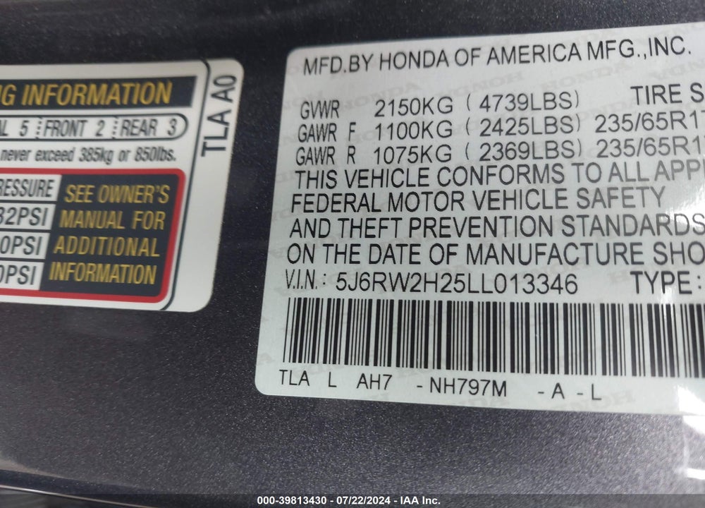 2020 HONDA CR-V AWD LX VIN: 5J6RW2H25LL013346