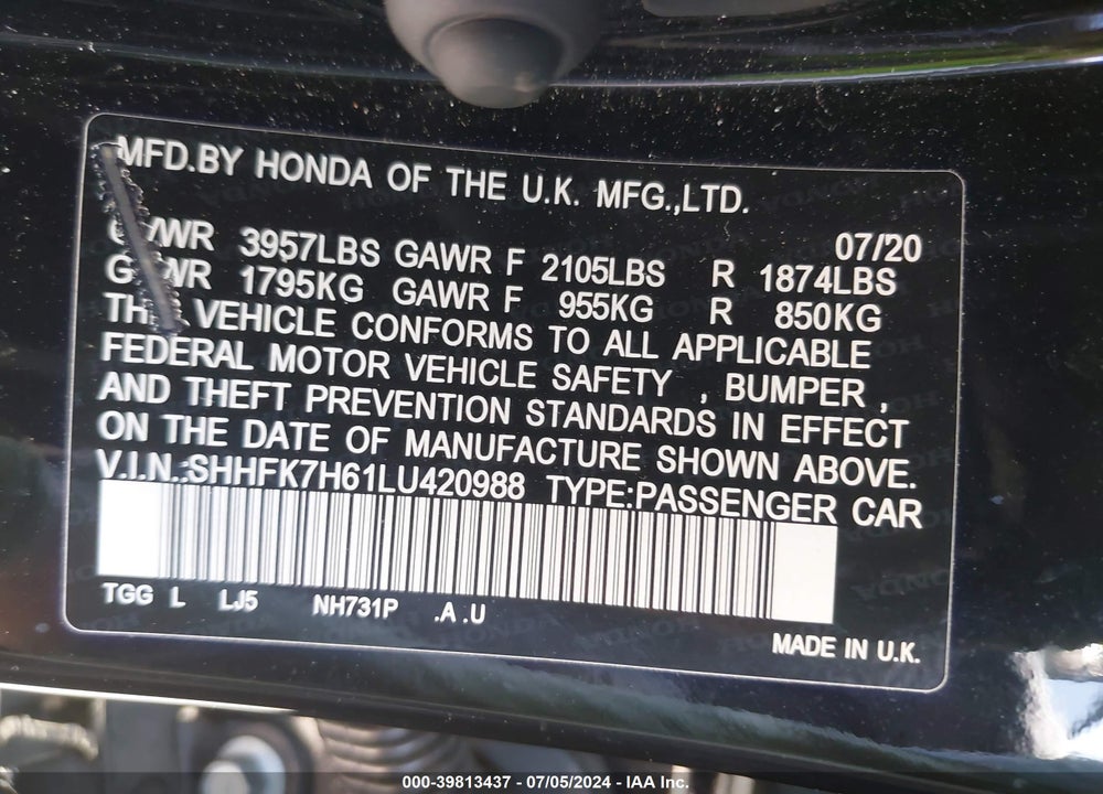 2020 HONDA CIVIC EX VIN: SHHFK7H61LU420988
