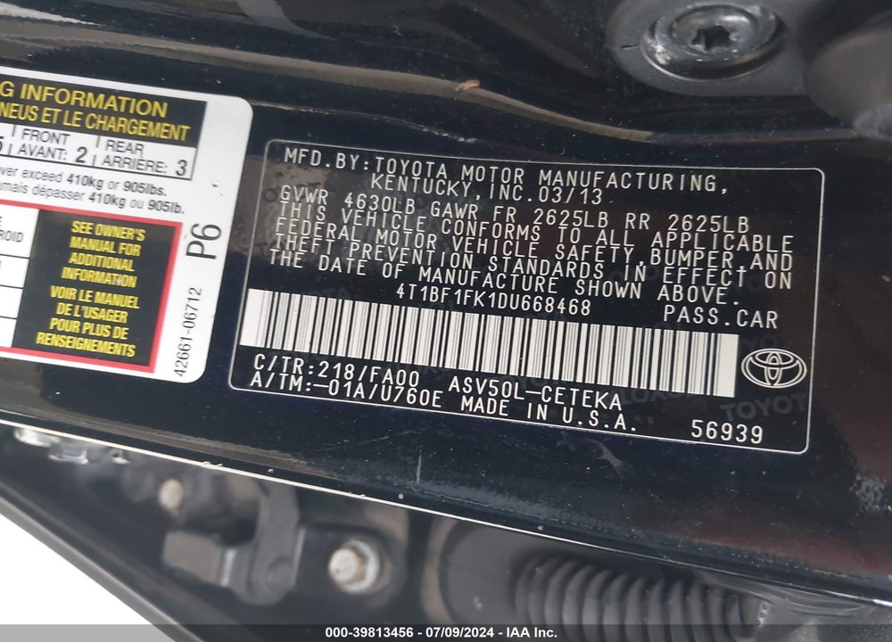 2013 TOYOTA CAMRY L VIN: 4T1BF1FK1DU668468