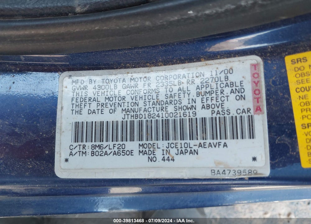2001 LEXUS IS 300 VIN: JTHBD182410021619