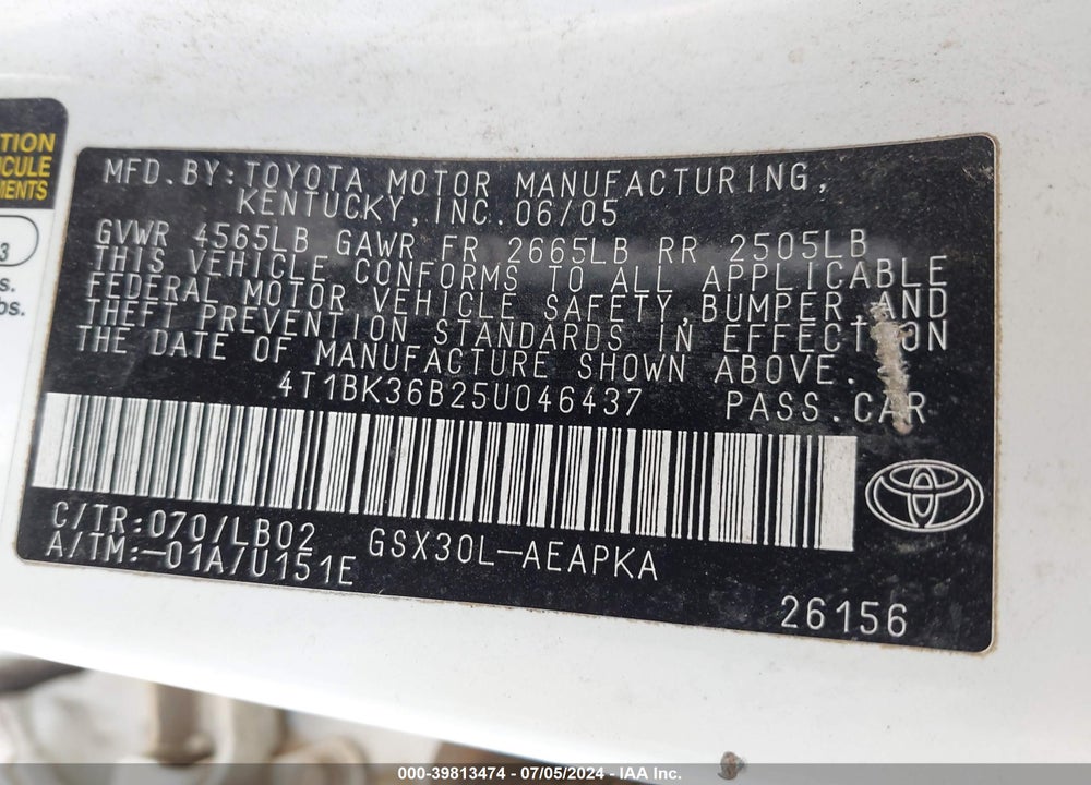 2005 TOYOTA AVALON LIMITED VIN: 4T1BK36B25U046437