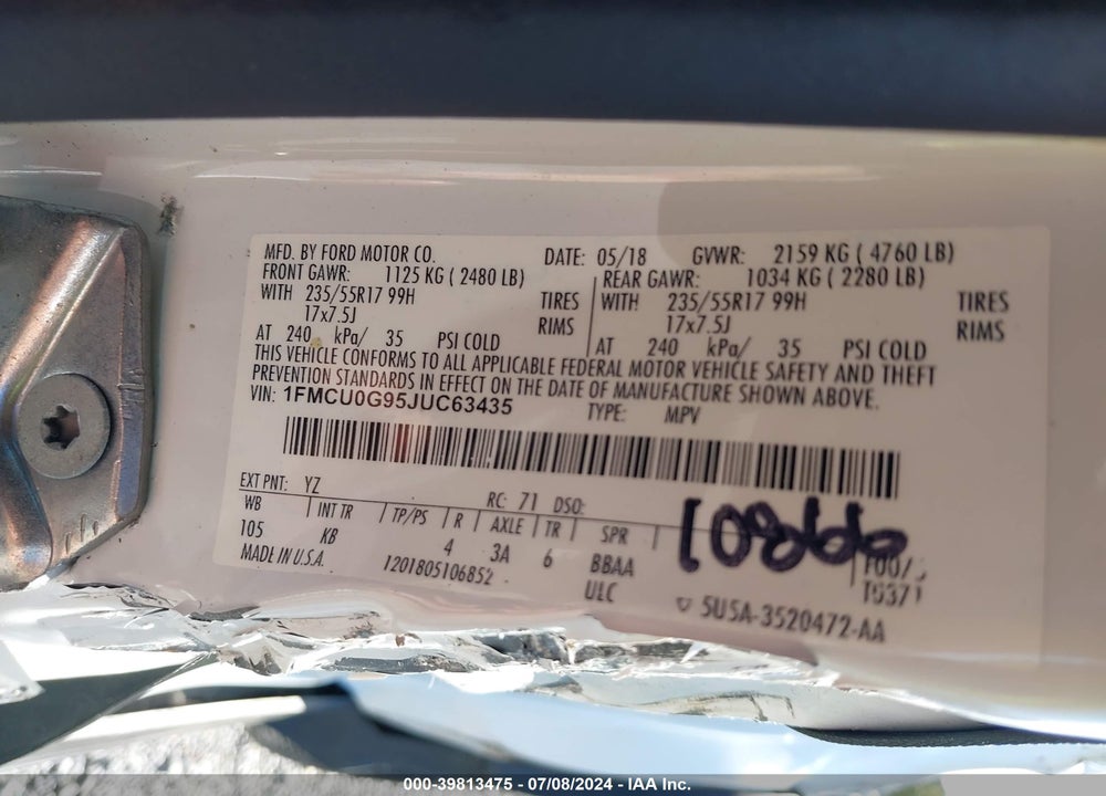 2018 FORD ESCAPE SE VIN: 1FMCU0G95JUC63435