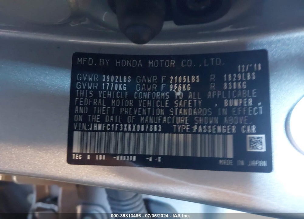 2019 HONDA CIVIC EX VIN: JHMFC1F3XKX007863