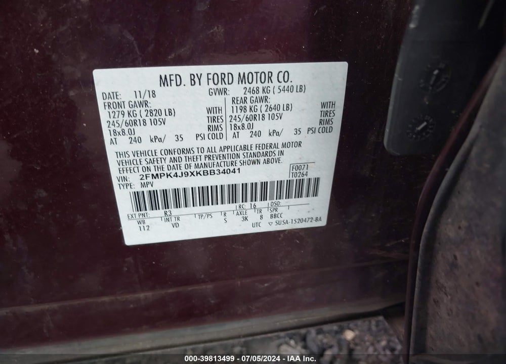 2019 FORD EDGE SEL VIN: 2FMPK4J9XKBB34041