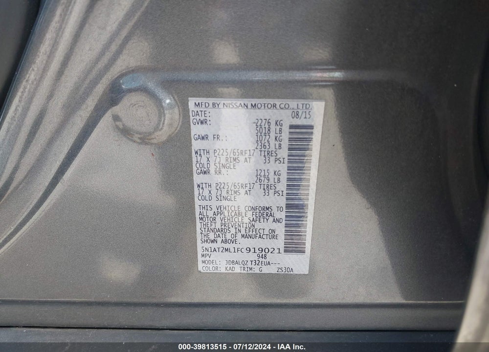 2015 NISSAN ROGUE SV VIN: 5N1AT2ML1FC919021
