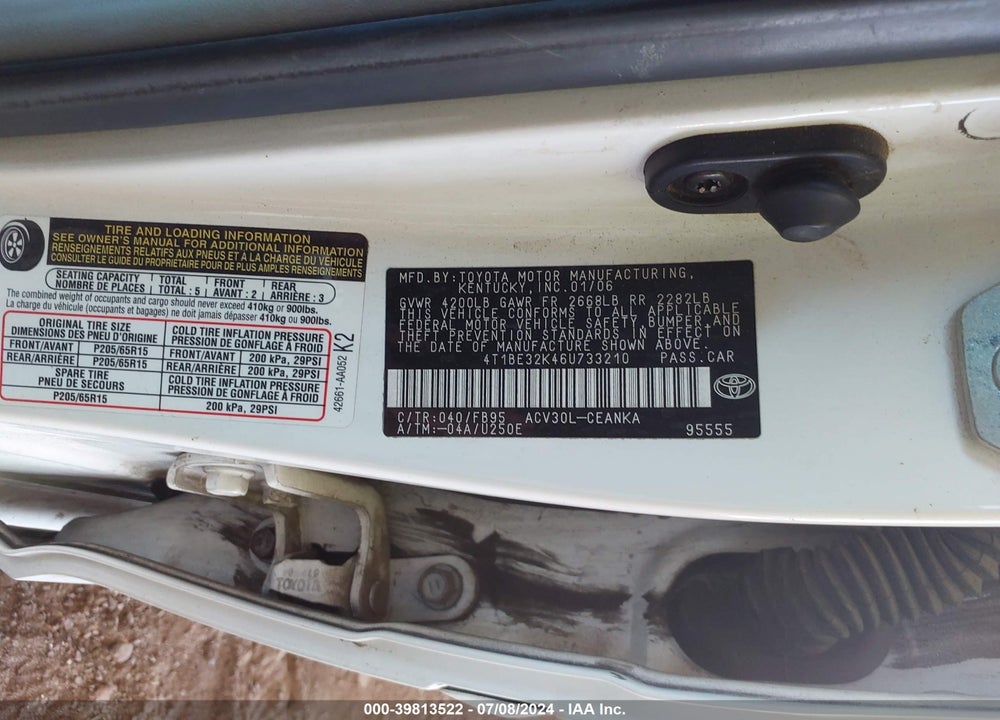 2006 TOYOTA CAMRY LE VIN: 4T1BE32K46U733210