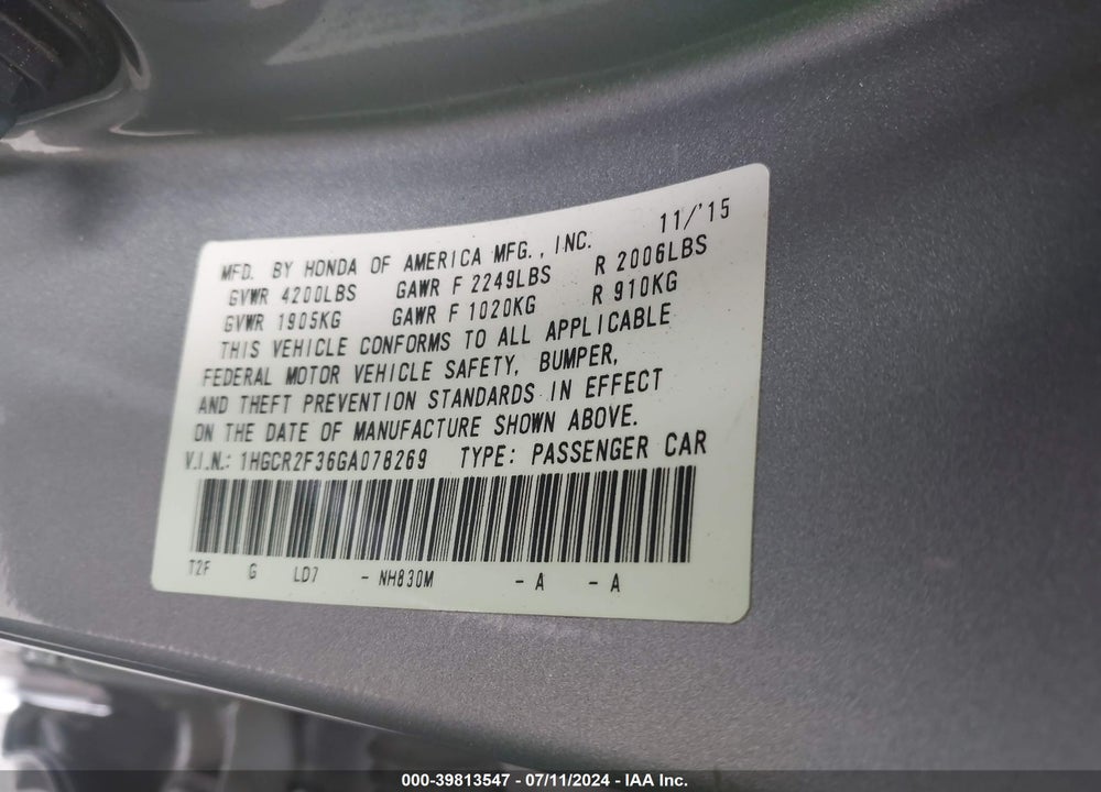 2016 HONDA ACCORD LX VIN: 1HGCR2F36GA078269
