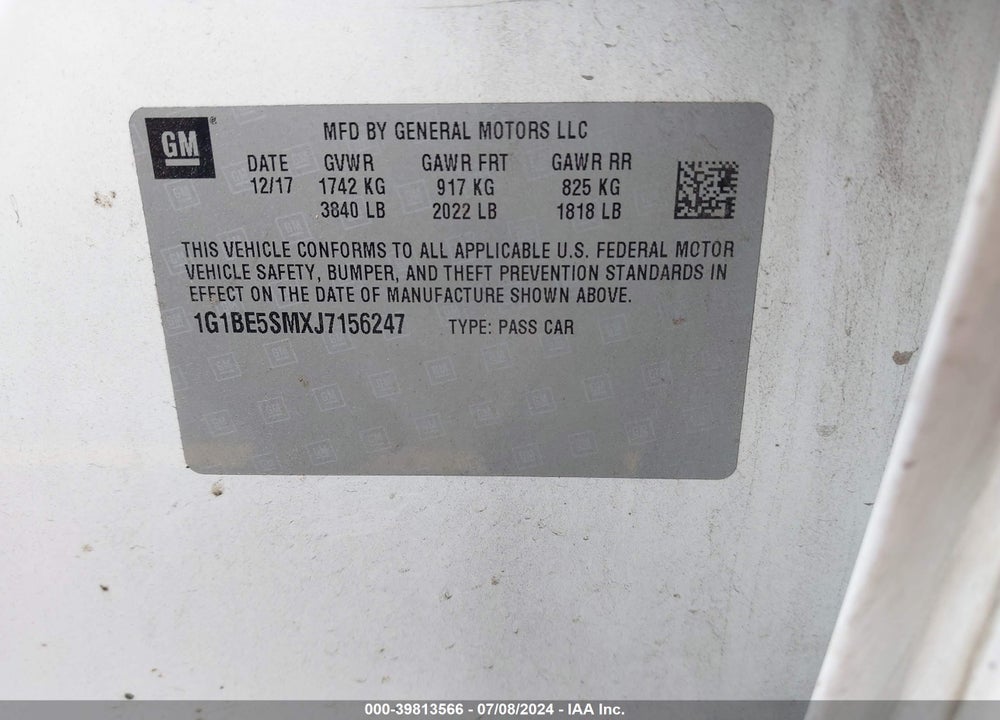 2018 CHEVROLET CRUZE LT AUTO VIN: 1G1BE5SMXJ7156247