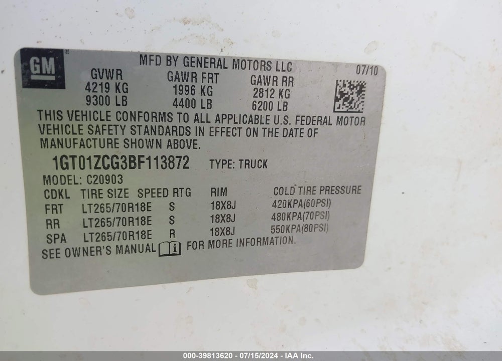 2011 GMC SIERRA 2500HD WORK TRUCK VIN: 1GT01ZCG3BF113872