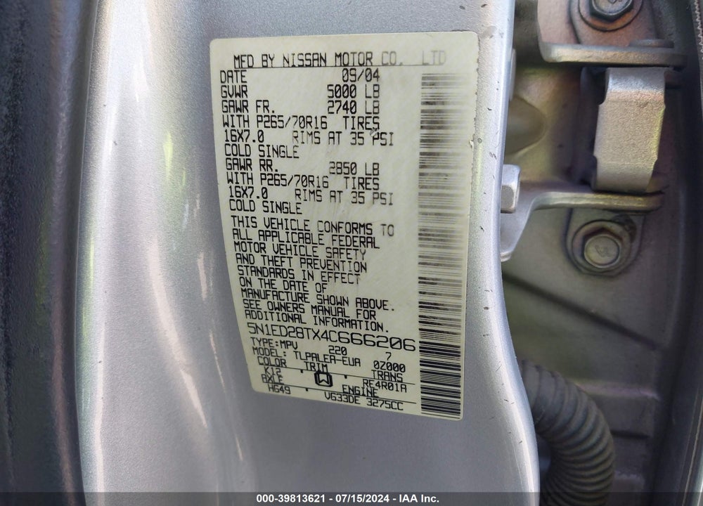 2004 NISSAN XTERRA XE VIN: 5N1ED28TX4C666206