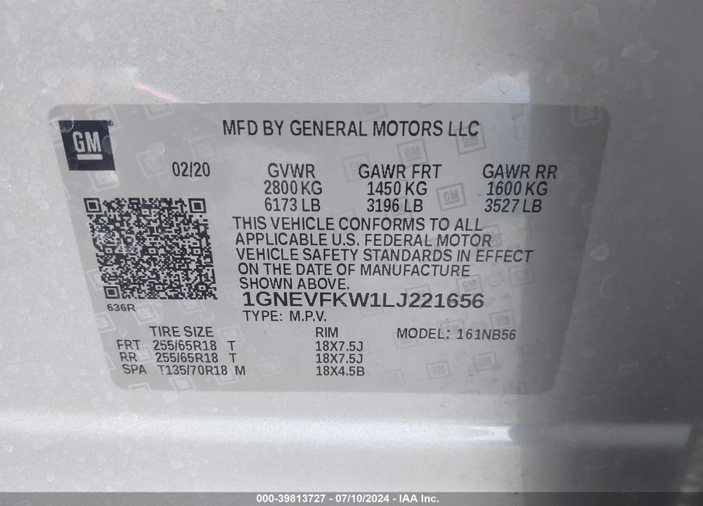 2020 CHEVROLET TRAVERSE AWD LS VIN: 1GNEVFKW1LJ221656