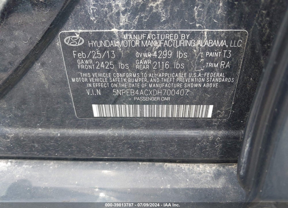 2013 HYUNDAI SONATA VIN: 5NPEB4ACXDH700407