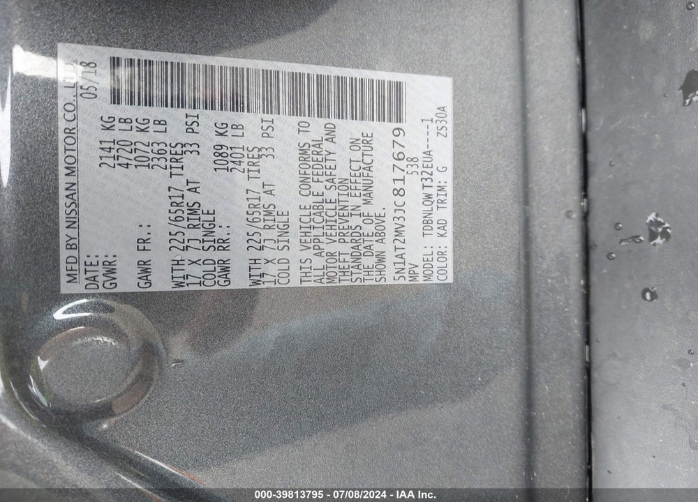 2018 NISSAN ROGUE SV VIN: 5N1AT2MV3JC817679