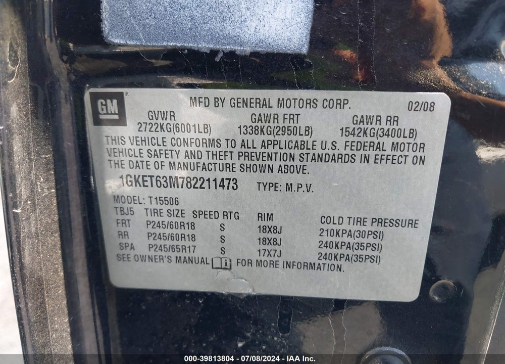 2008 GMC ENVOY DENALI VIN: 1GKET63M782211473