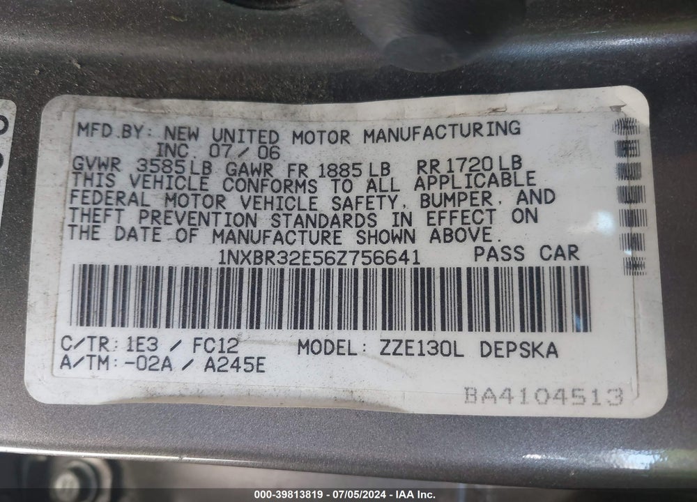 2006 TOYOTA COROLLA S VIN: 1NXBR32E56Z756641